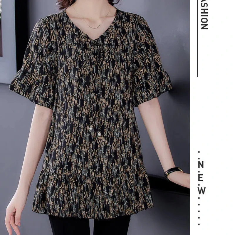 Vintage Printing Loose T Shirts Summer New Short Sleeve Pleated Lacing All-match Casual Tops Tees Fashion Trend Women Clothing