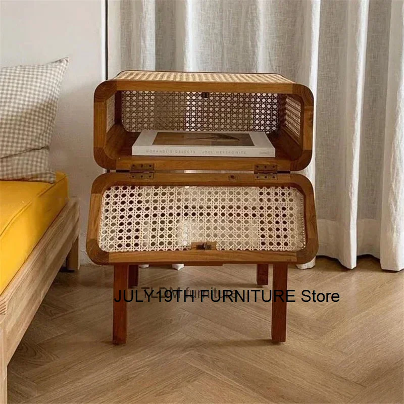 European Solid Wood Rattan Bedside Tables for Home Bedroom Furniture Nordic Leisure Homestay Nightstands Small Storage Cabinet U