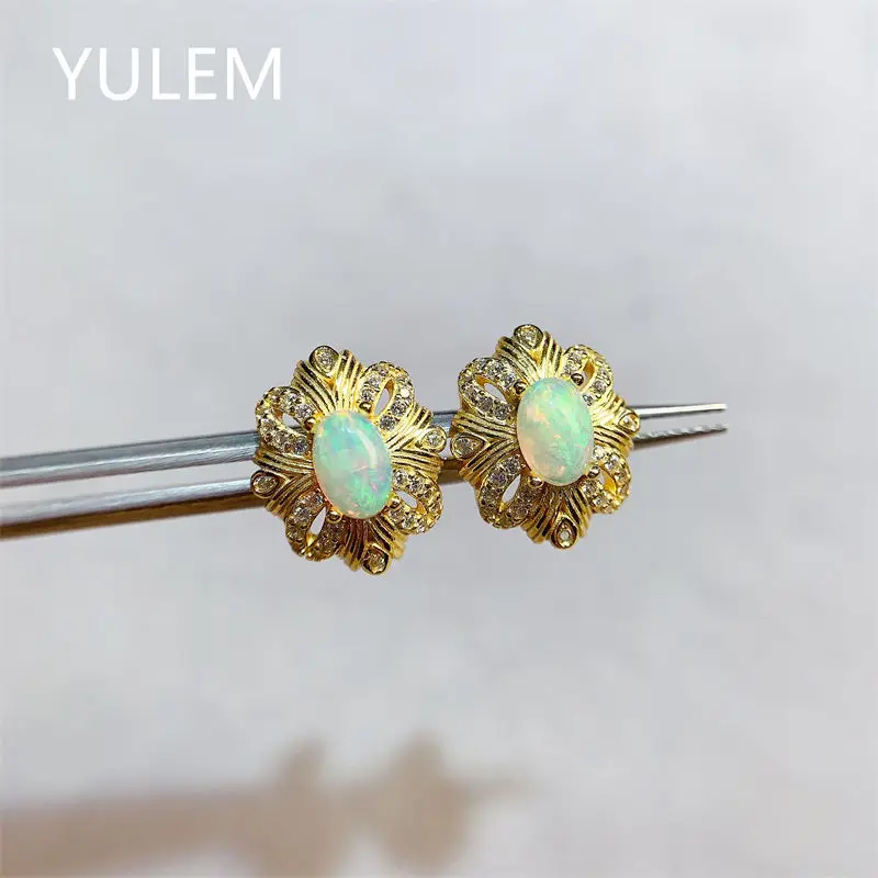 Natural Opal Colorful Gemstone Solid Sterling Silver S925 Stud Earring Faced Cutting Classic Design Women Christmas Gifts