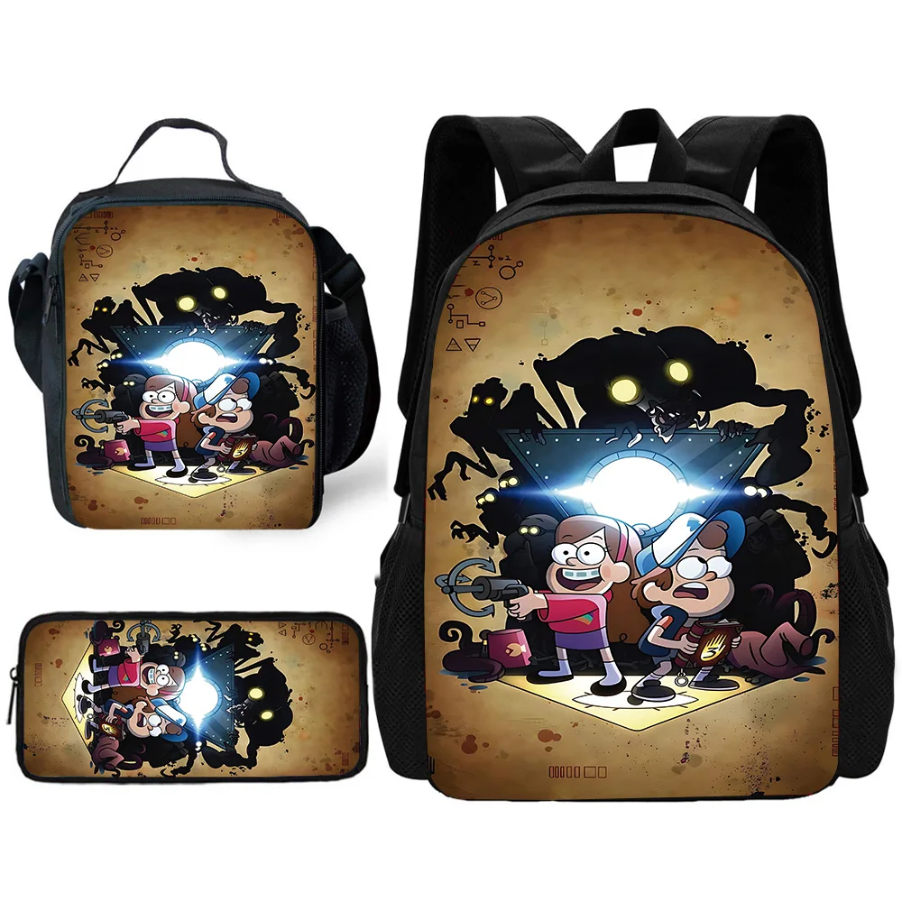 Cartoon G-gravitys F-falls Child School Backpack with Lunch Bags ,Pencil Bags ,School Bags for Boys Girls Best Gift