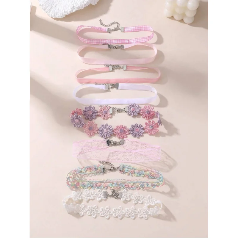 8pcs/Set Fashionable & Sweet Colorful Floral Lace Choker Necklace Set, Versatile For Daily Wear, Dating, Vacation