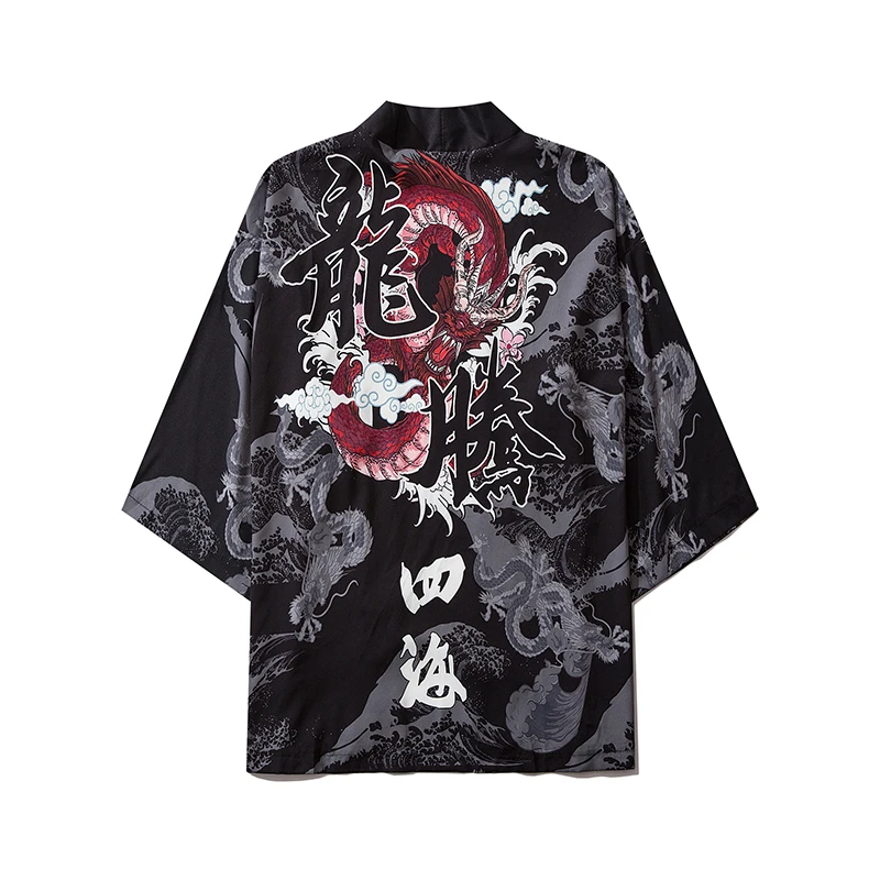 Japanese Style Dragon Print Haori Men Jacket, Unisex Kimono Cardigan with Chinese Calligraphy & Wave Pattern for Summer Cosplay