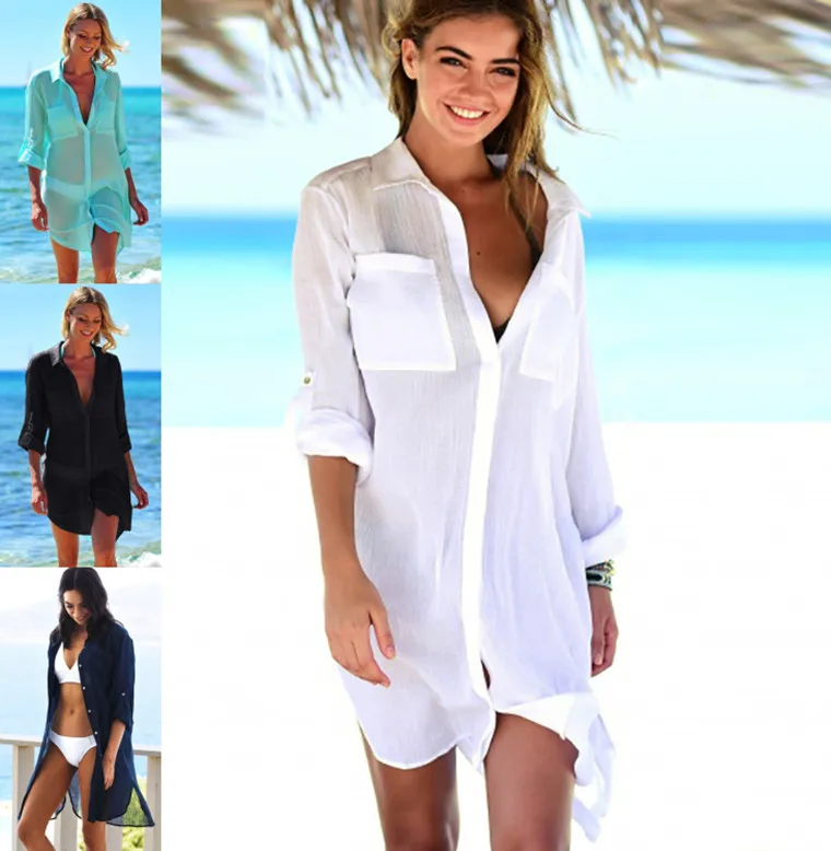 

Wrinkle Cloth Pocket Beach Blouse Shirt-style Seaside Holiday Sunscreen Shirt Bikini Blouse Spring Summer Beach Leisure Fashion