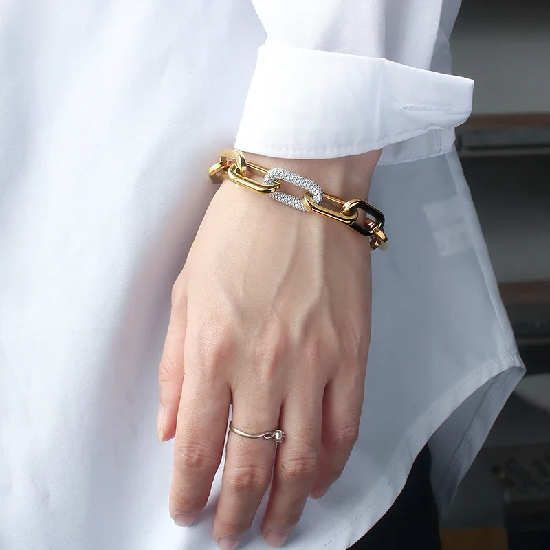 Fashion Women Big Chunky Bracelets Chains with Blink Rhinestones Link Gold Silver Color Surgical Stainless Steel Bracelets