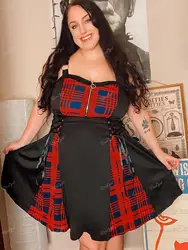 ROSEGAL Plus Size Gothic Women Dress 5XL Lace Up Plaid Half Zipper Fit And Flare Dress High Waist Knee Length Dresses Vestidos