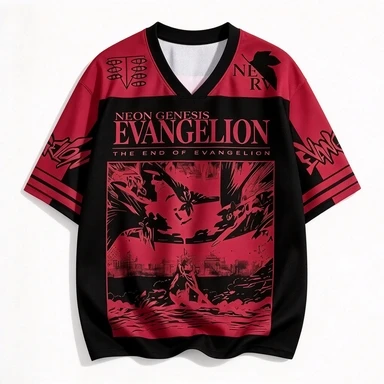 New Century Evangelion Mesh Jersey Red and Black Manga Style Mech Combat Trendy Wear Casual Loose T-shirt