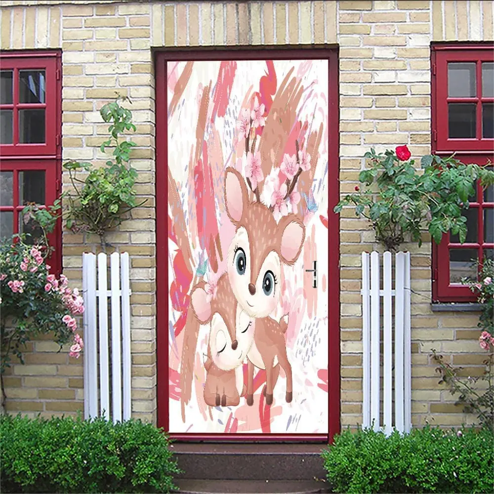 Cartoon door stickers Cute Sika deer door Decals elk Pink flower mural wallpaper family living room decoration