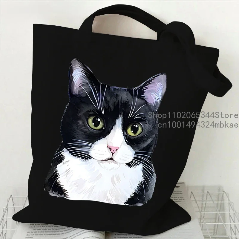 Funny Cow Cat Handbag Women Cartoon Aesthetics Kitten Design Shopping Bags Teen Cat Lover Reusable Tote Bag Female Shoulder Bag