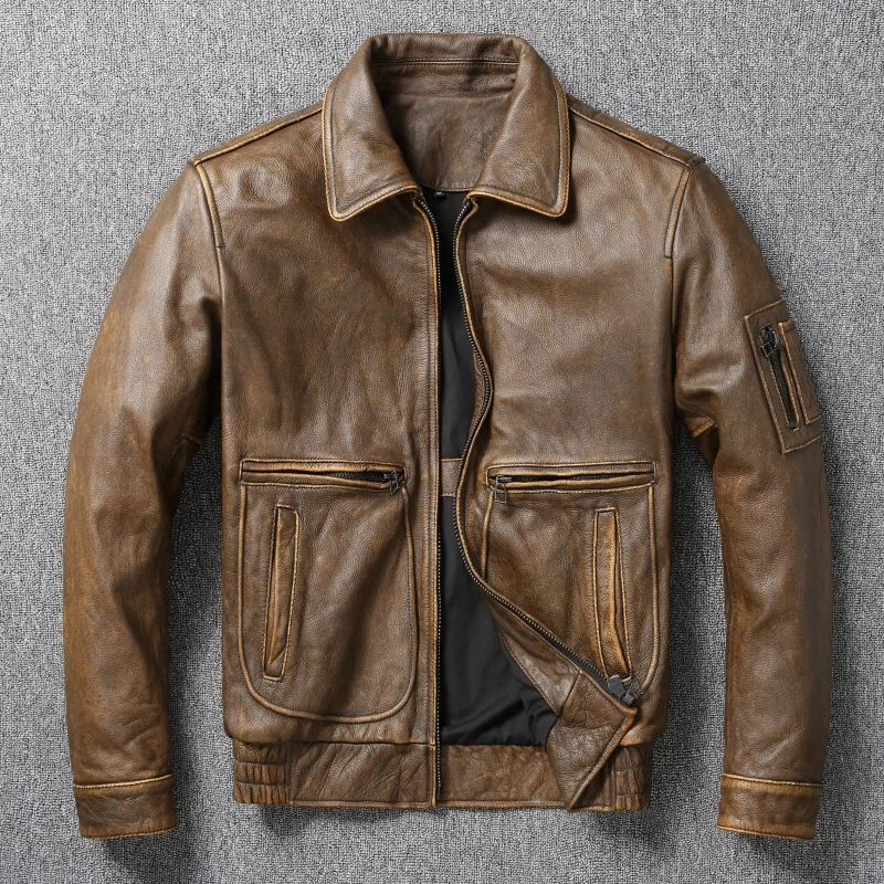 

New Retro Top LayerPure Cowhide ort Bike Sle Leather Jaet Men AutumnCoat Authentic Leather Faion Urban Motorcycle Jaet