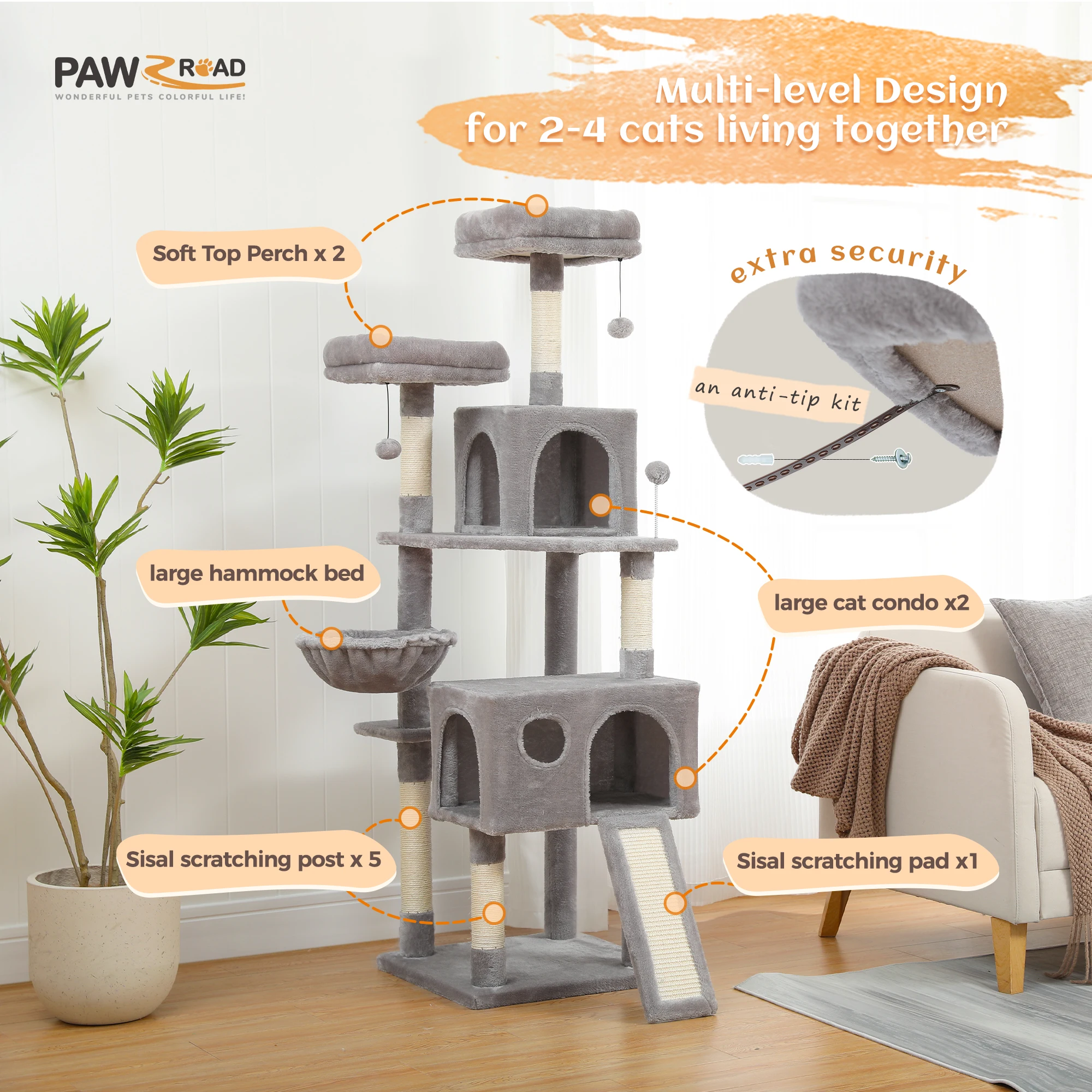 Imagem -03 - Árvore de Gato Multi-nível para Gatos com Poleiros Aconchegantes Estrutura de Escalada de Gato Estável Placa de Arranhões Brinquedos Móveis para Gatos