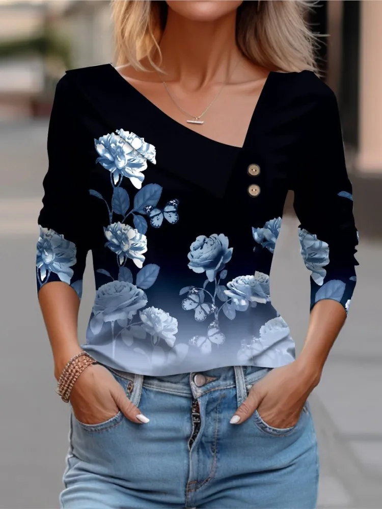 

Female's T-shirts Casual Loose New Floral Printing Asymmetrical Collar Long Sleeve Ladies Daily Pullover Top 2024 Spring Summer