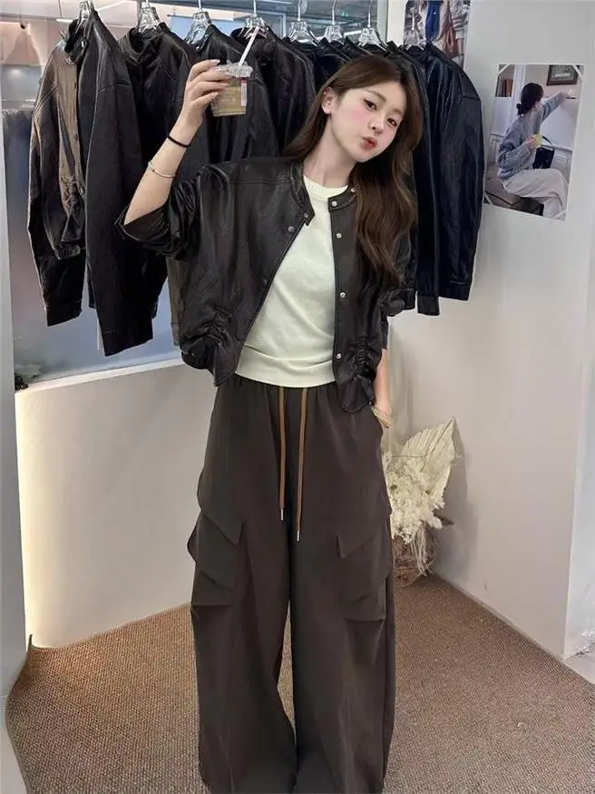 

Свободная укороченная кожаная куртка для женщин: повседневный топ, модный осенний новый стиль, корейская версия, универсальная стильная верхняя одежда