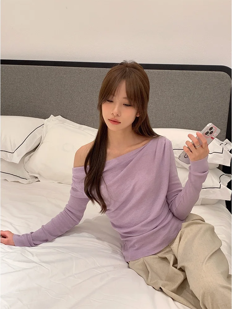 

Фиолетовый дизайн Sensation, небольшой вязаный женский топ, облегающий универсальный летний осенний новый трикотаж с воротниками