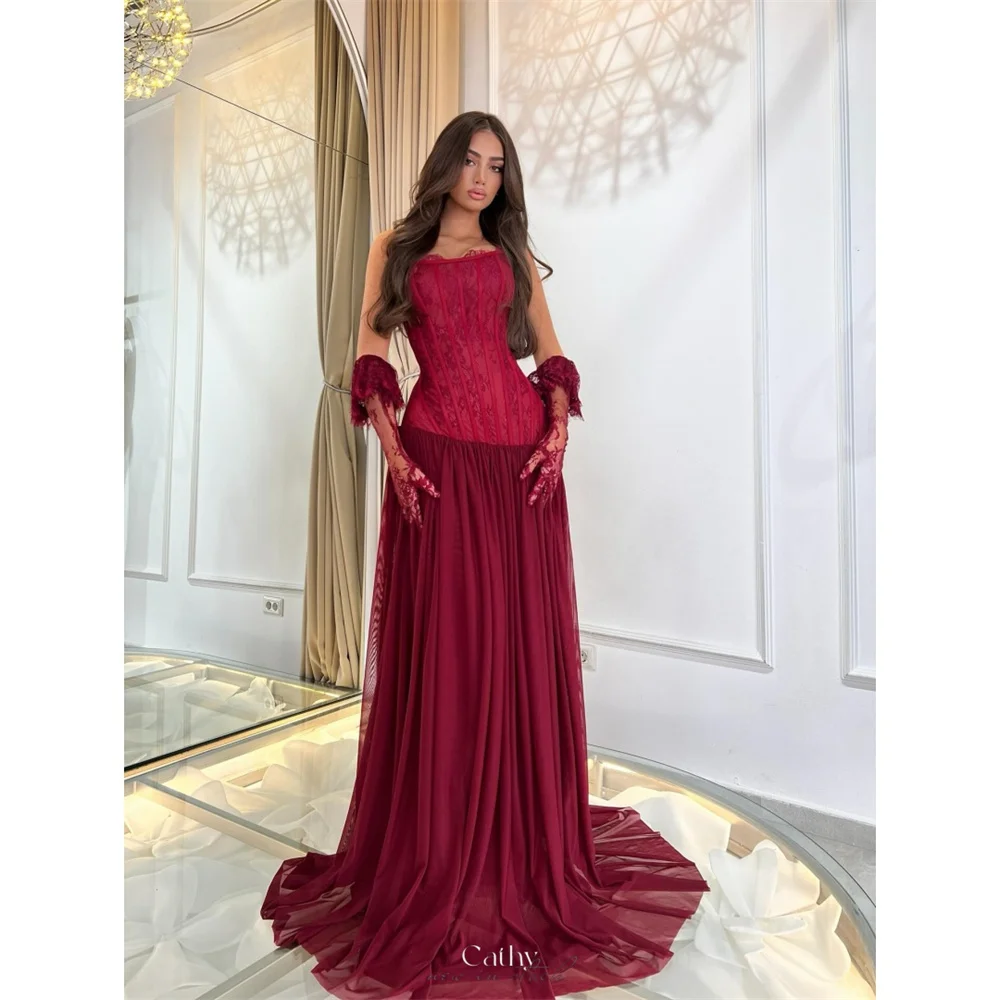 

Cathy индивидуальное бордовое кружевное драпированное платье трапециевидной формы для выпускного вечера без бретелек с короткими рукавами, платья de noiva, вечернее платье со шлейфом