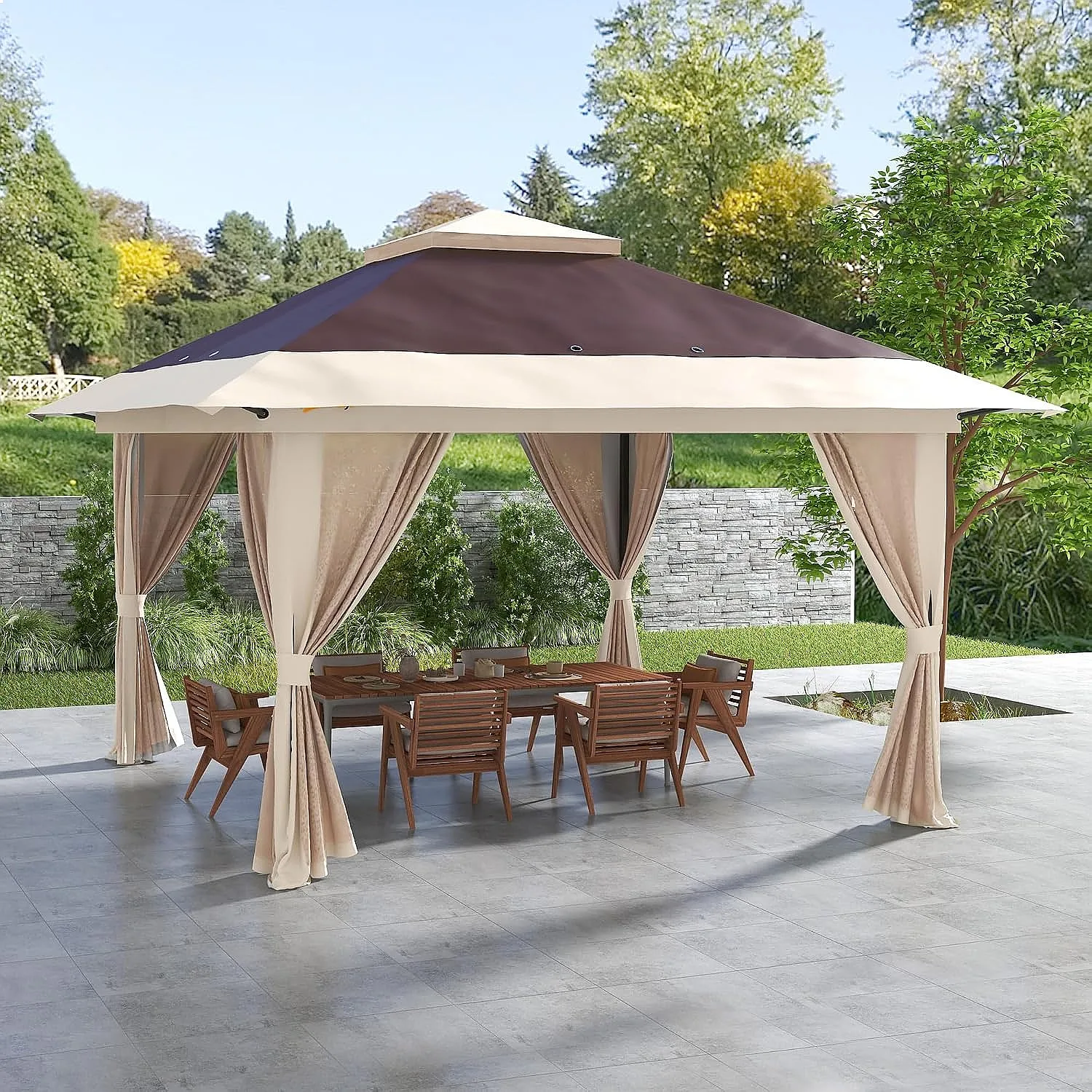 Outsunny 13x13 Pop Up Gazebo with Netting UPF 50+ Instant Canopy Tent with Wheeled Carry Bag for Outdoor Garden Parties Brown