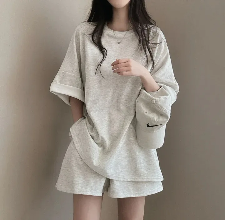 100% Cotton Women Soild Color Shorts Suits Korean Summer O Neck Loungewear Tshirt And Shorts 2 Piece Set Casual Tracksuits 2024