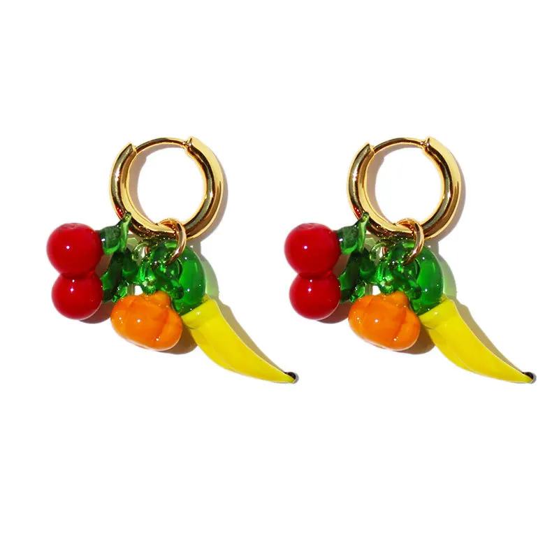 

2024 Fashion New Glazed Pumpkin Banana Cherry Charms Hoop Earrings for Women Round Ear Buckle Copper Plated 18K Gold Y2k Jewelry