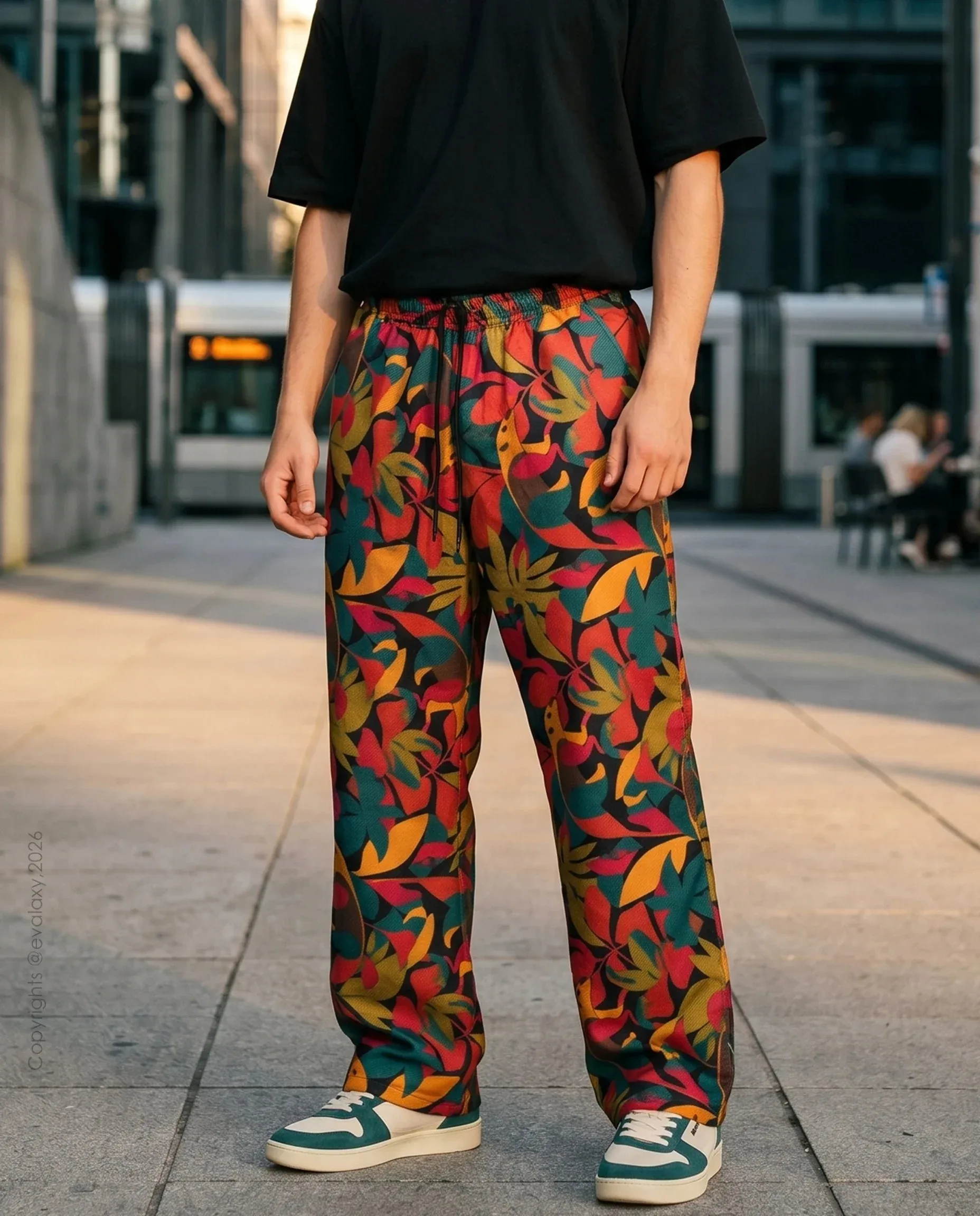 Vintage Tropical Leaf Elastic Waist Casual Pants, Silky Drapey Touch for Adults and Kids Tropical Beach Walk