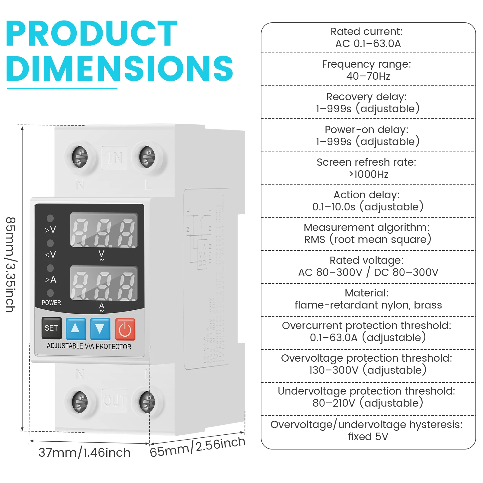 DIN Rail Over Under Voltage Protector 63A 80-300V Adjustable Overcurrent Protective Device with Auto Recovery Dual LED Display