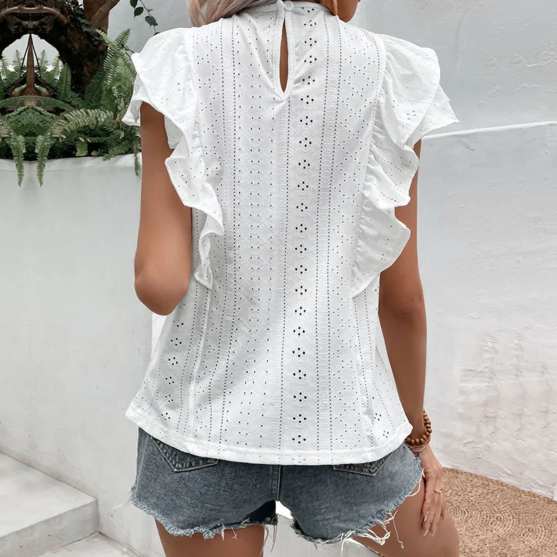 Lady Ruffled T-Shirts O-Neck Short Sleeve Casual Women Tops Fashion Elegant Streetwear Casual Solid Spring Summer Clothes