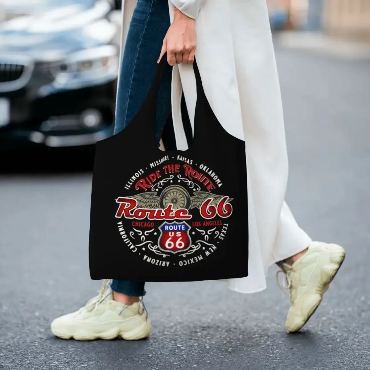 แฟชั่นอ่านเส้นทาง 66 รถจักรยานยนต์ Bikers Shopping Tote Bag รีไซเคิล USA Highways ผ้าใบร้านขายของชําไหล่กระเป๋านักช้อปกระเป๋าถือ