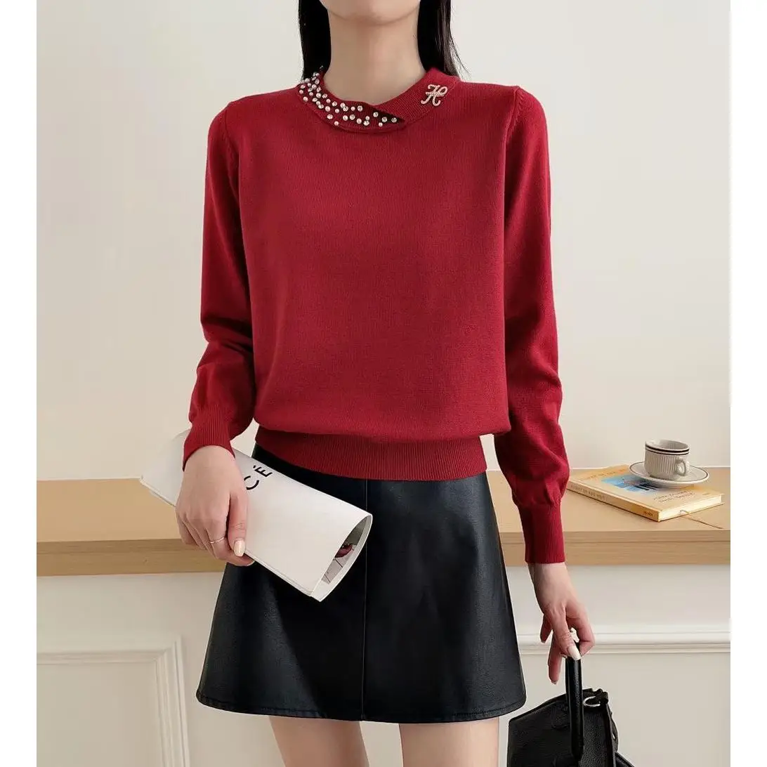 

Faionable European Sle Knitted Sweater Pearl round Ne Loose Fit Slimming Low Ne Women's Base irt Autumn Winter