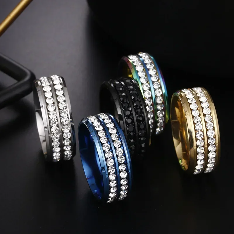 Trendy 8mm Double Row Black Rhinestone Ring For Men Women Fashion Rainbow Stainless Steel Ring Weddig Band Jewelry Drop Shipping