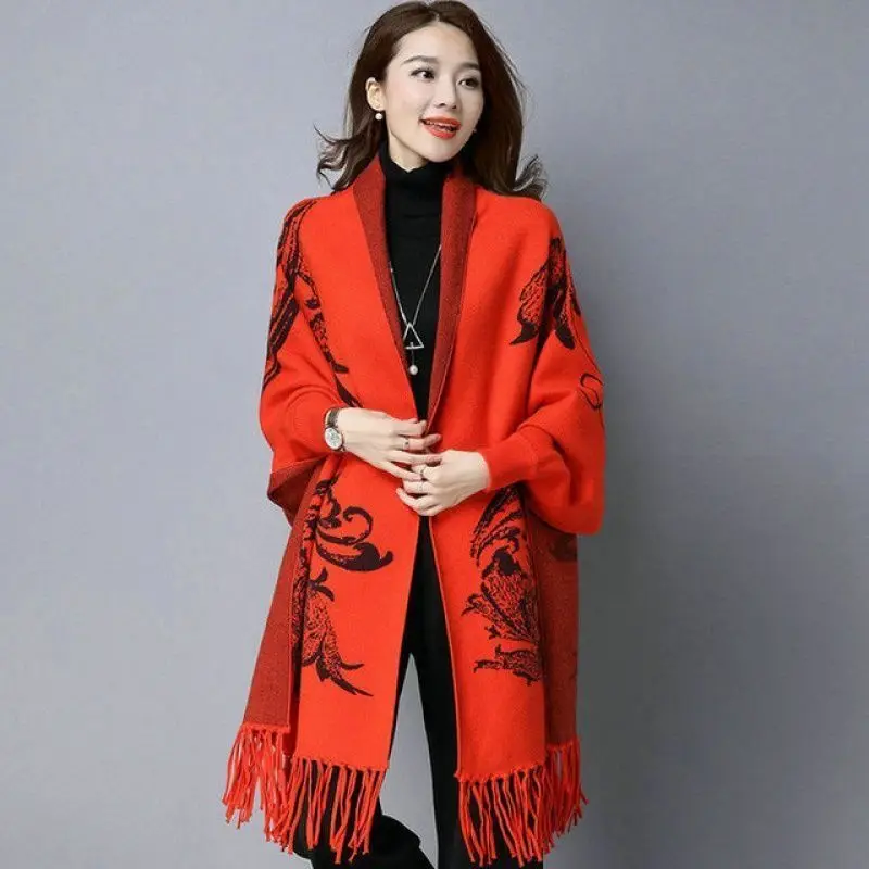 Women Poncho Spring Autumn Knitted Cardigan Cape New Long Sleeve Casual Sweater Fringe Cape Loose Cardigan Cape Female