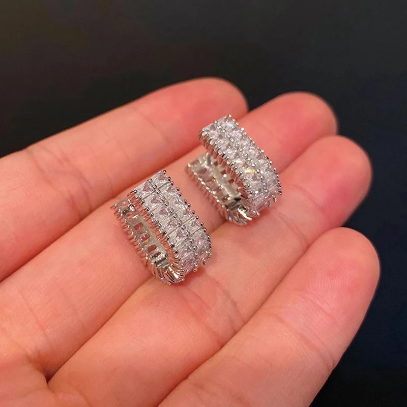 Huitan Fashion Design Lady Hoop Earrings with Bright Cubic Zirconia Silver Color Party Accessories Chic Engagement Noble Jewelry