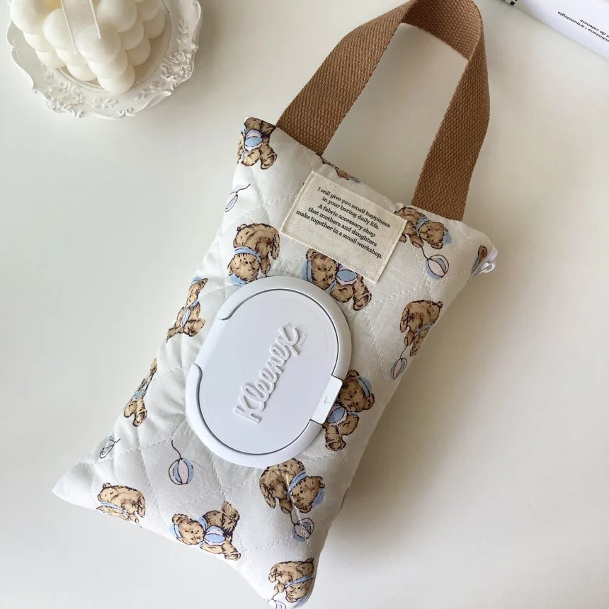 Korean Quilted Tissue Pouch Bear Car Organizer Balloon Wipes Case Ins Style Hanging Dispenser Stroller Travel Wet Wipe Holder