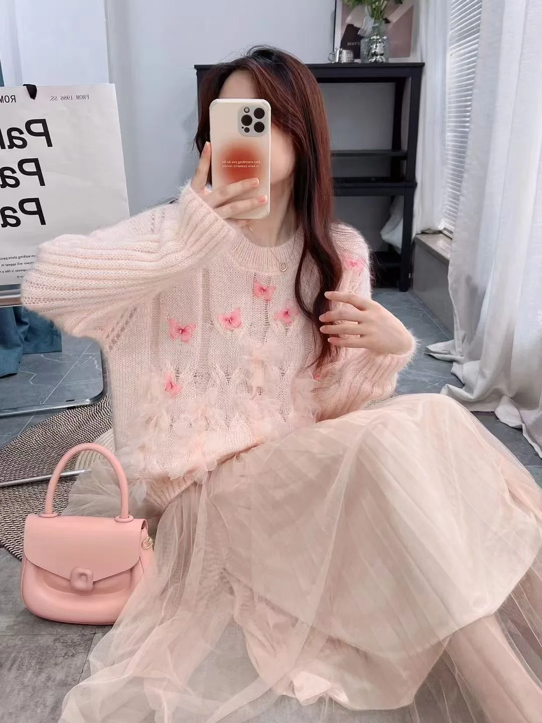 Doux Anti-âge 3D fleur perlée noeud pull femmes printemps automne ample minceur doux haut tricoté