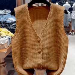 French Style Fashion Autumn New Sweaters Coats Vest Women V-Neck Solid Button Simplicity Sleeveless Loose Cardigan Knitted Tops