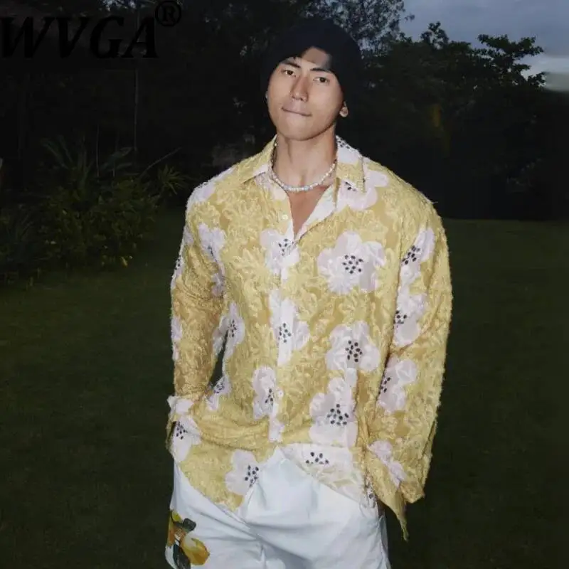 

WVGA New Men's Summer American Style Floral Printed Trendy Textured High-end Long Sleeve Shirt Niceh Chic Casual Tops Ins W23855