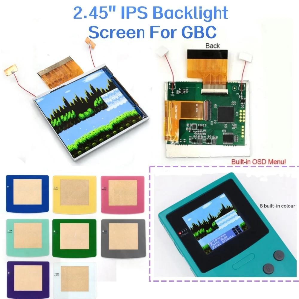 Pantalla multicolor de 2.45 pulgadas para GBC, kit de modificación de pantalla IPS retroiluminada, reemplazo de LCD, fácil instalación, efecto de píxeles OSD