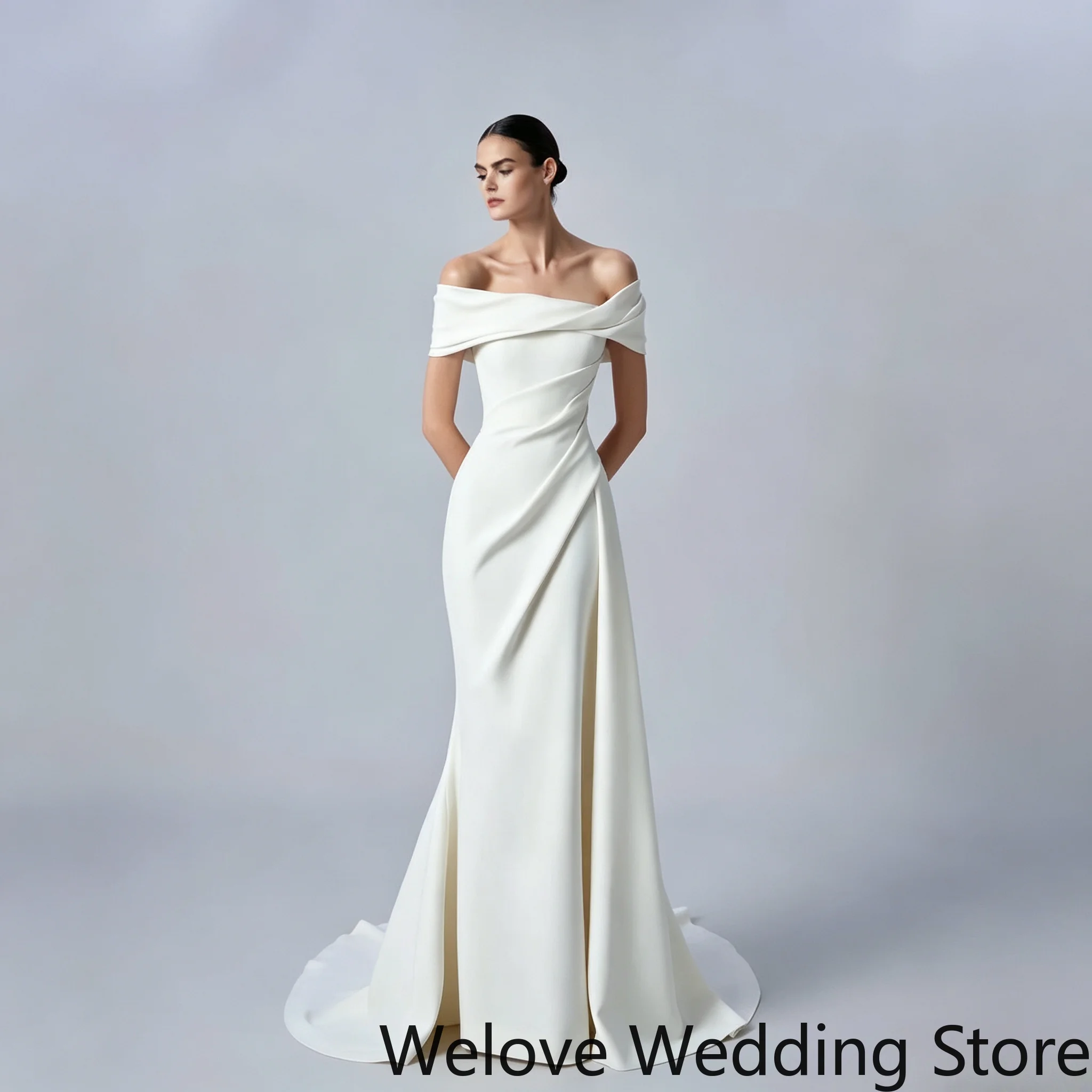 Mermaid Wedding Dress Satin Draped Cowl Neckline Cross Ruched Bodice Defined Waist Fitted Mermaid Skirt With Small Train