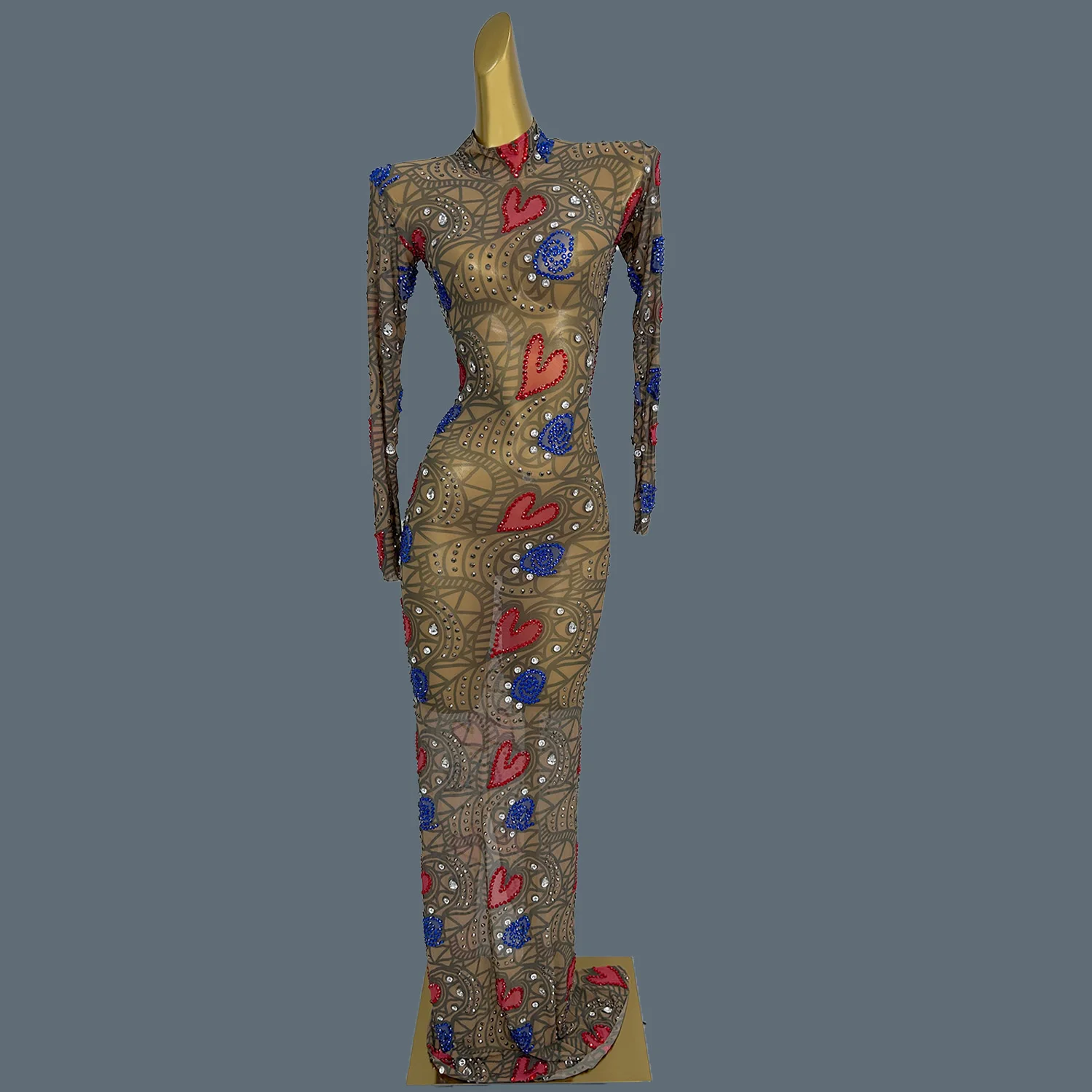 بلورات سباركلي انظر من خلال شبكة سوداء ثوب مسائي مثير للنساء ملهى ليلي حفلة الزي نمط الحب نحيل فستان طويل Qingren