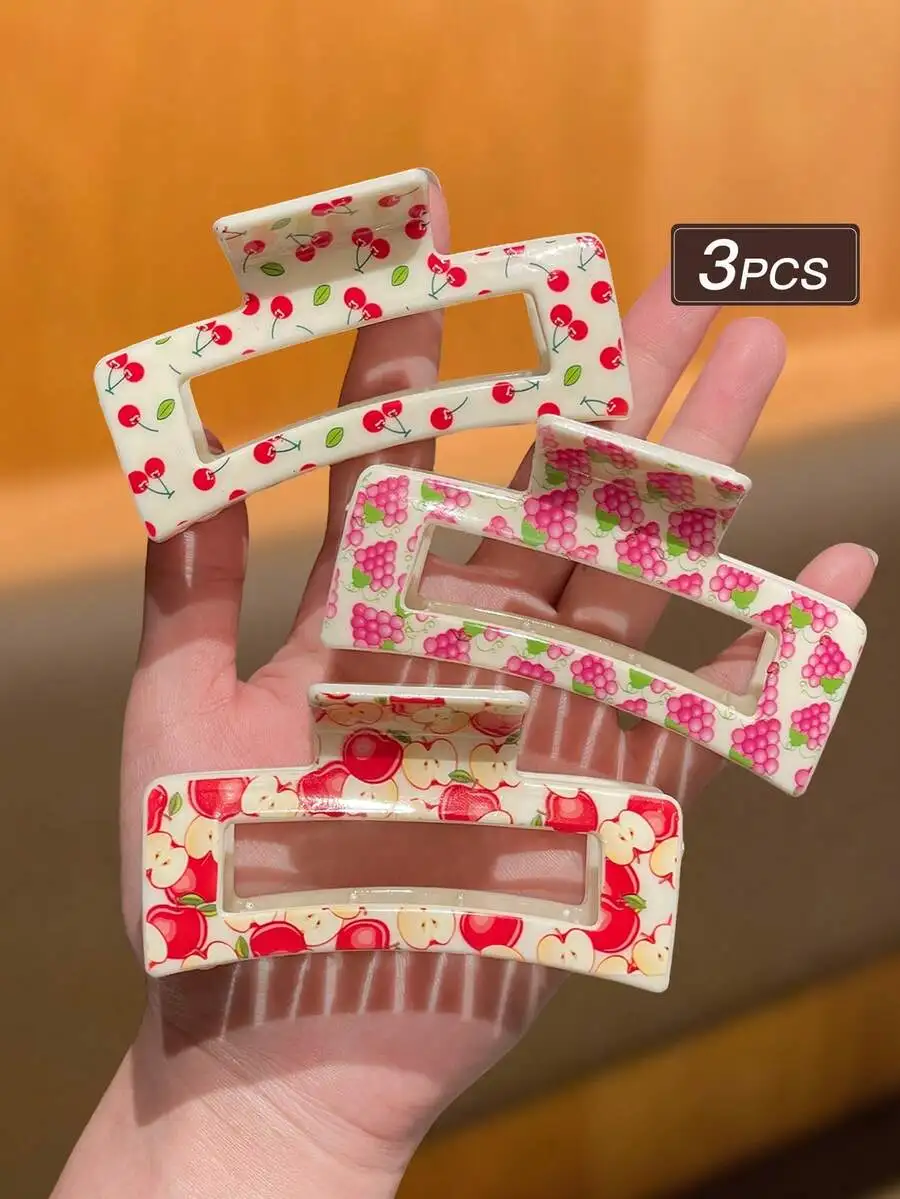 

3pcs Fashion Square Medium Hair Clips With Fruit Print, Women Claw Hair Accessories For Daily Wear
