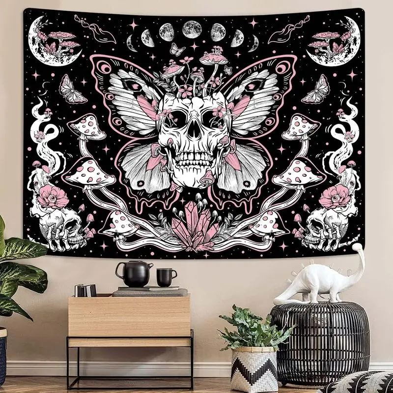 VIKAMA Pink Butterfly Skull Moon Phase Crystal Mushroom Tapestry Dark Bohemian Wall Hanging Dorm Bedroom Aesthetic Decor