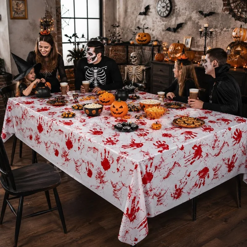 1-5PCS 137x274cm Halloween Bloody Handprint Party Tablecloth Disposable Thickened PE Waterproof Oilproof  for Horror Theme Decor