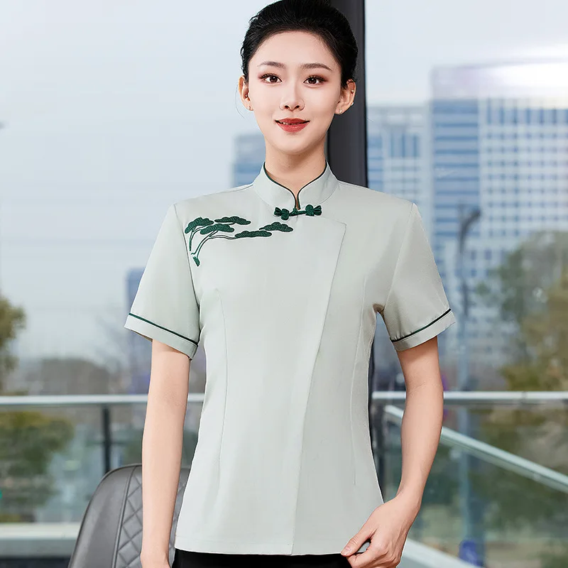 Casa de chá restaurante garçom uniforme trabalho verão manga curta feminino estilo chinês hotel restaurante pote quente restaurante empregado un