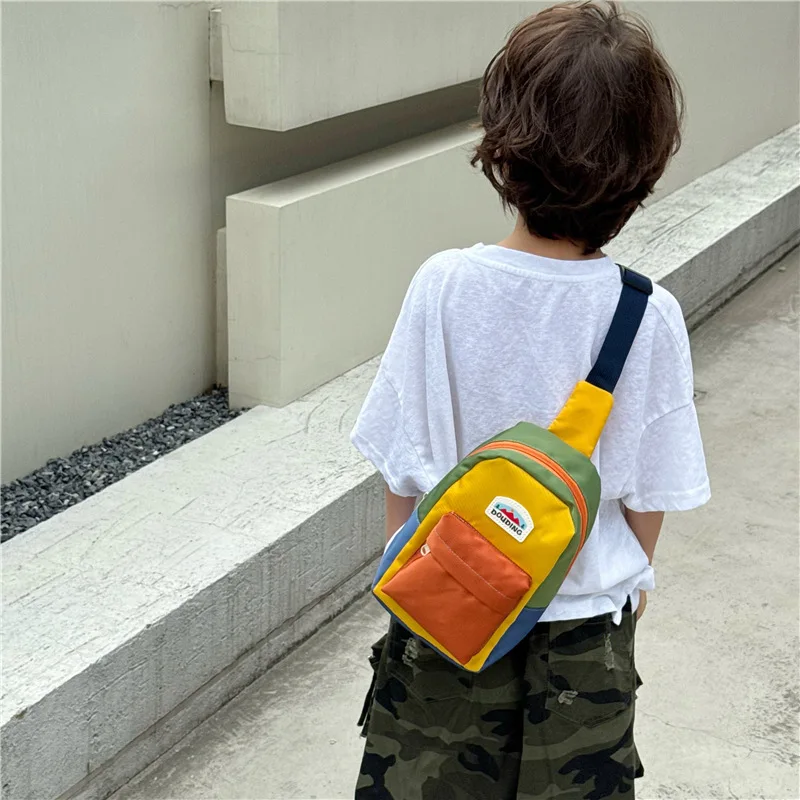 컬러 블록 어린이 가슴 가방, 가볍고 방수되는 나일론 원단, 귀여운 어린이용 싱글 숄더 백팩