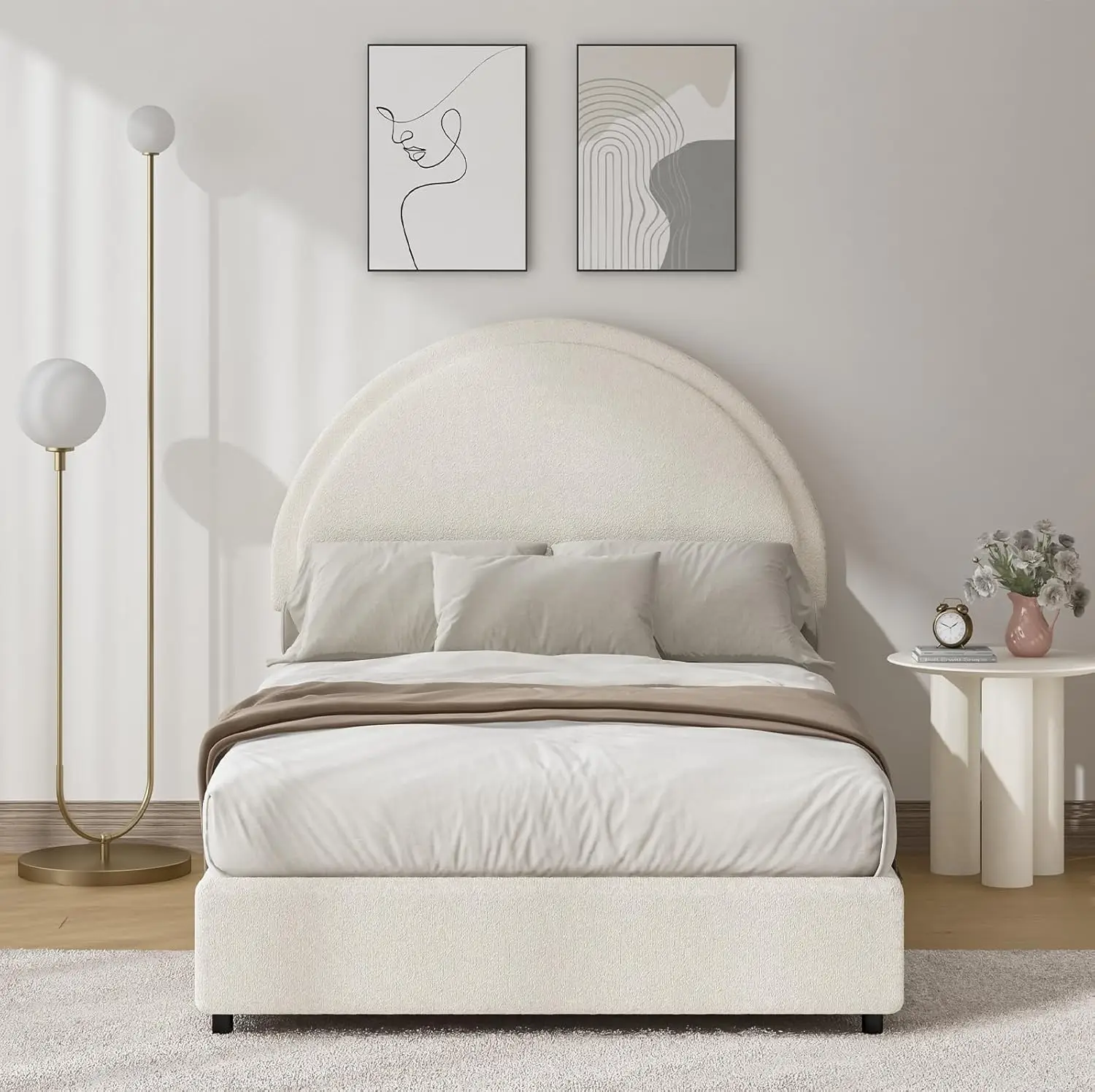 with Round Headboard, Soft Upholstered Bed Frame, Beige Bed Frame for Kids, Arch Shaped Modern Style, No