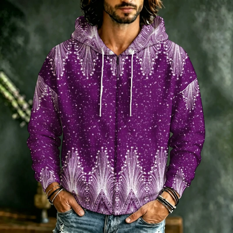 Men Zip Hooded Sweatshirt 3D Purple Tribal Dot Art Deco Geometric Print Drawstring Casual Outer Garment For Male