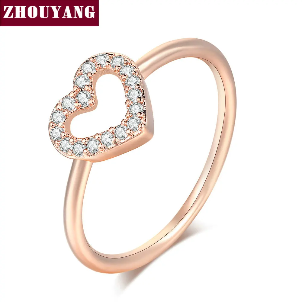 ZHOUYANG Rings For Women Sweet Romantic Cute Heart Zircon Rose Gold Color Wedding Party Daily Finger Ring Fashion Jewelry R917