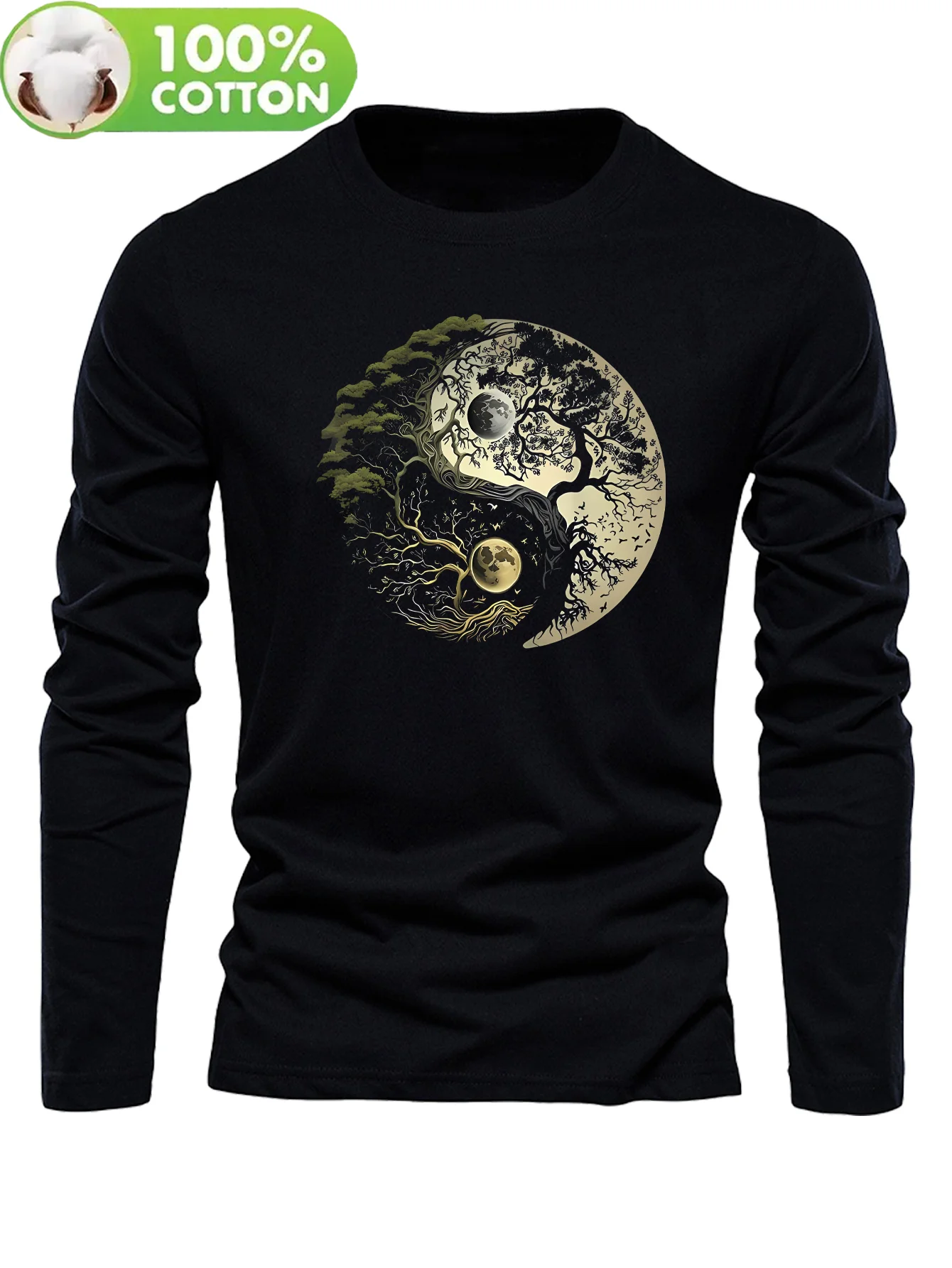 Men's Loose Oversized Long Sleeve T-Shirt round Neck 100% Cotton Black Kitten Print Olive Autumn Winter Comfortable Fit Tee