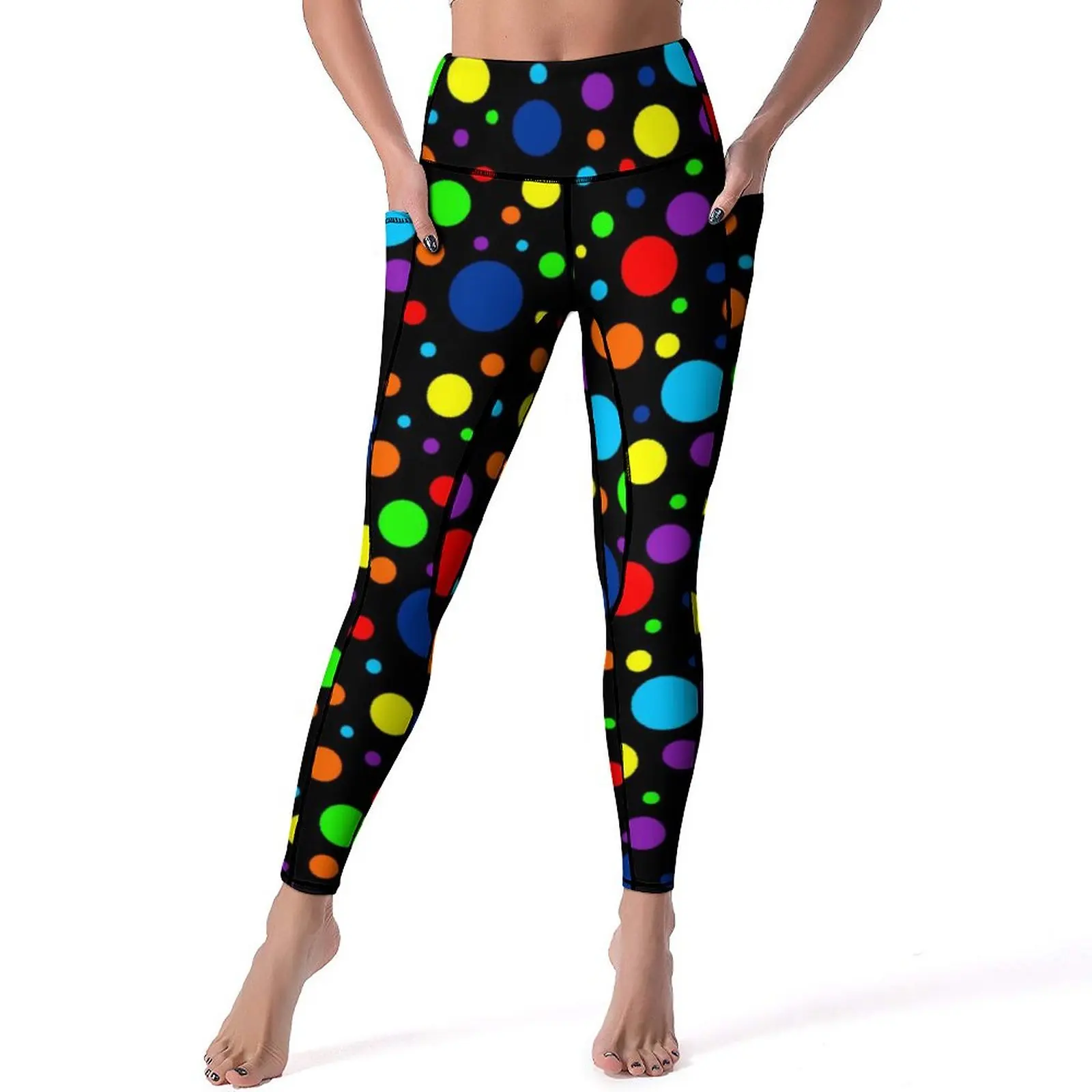 Rainbow Spots Leggings Sexy Polka Dot Print Running Yoga Pants Push Up Stretch Sport Legging Pockets Vintage Printed Leggins