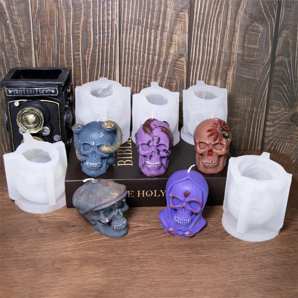 

3d Halloween Hooded Skull Silicone Molds Haunted House Plaster Decoration Horror Dress Up Skull Aromatherapy Candle Making Kit
