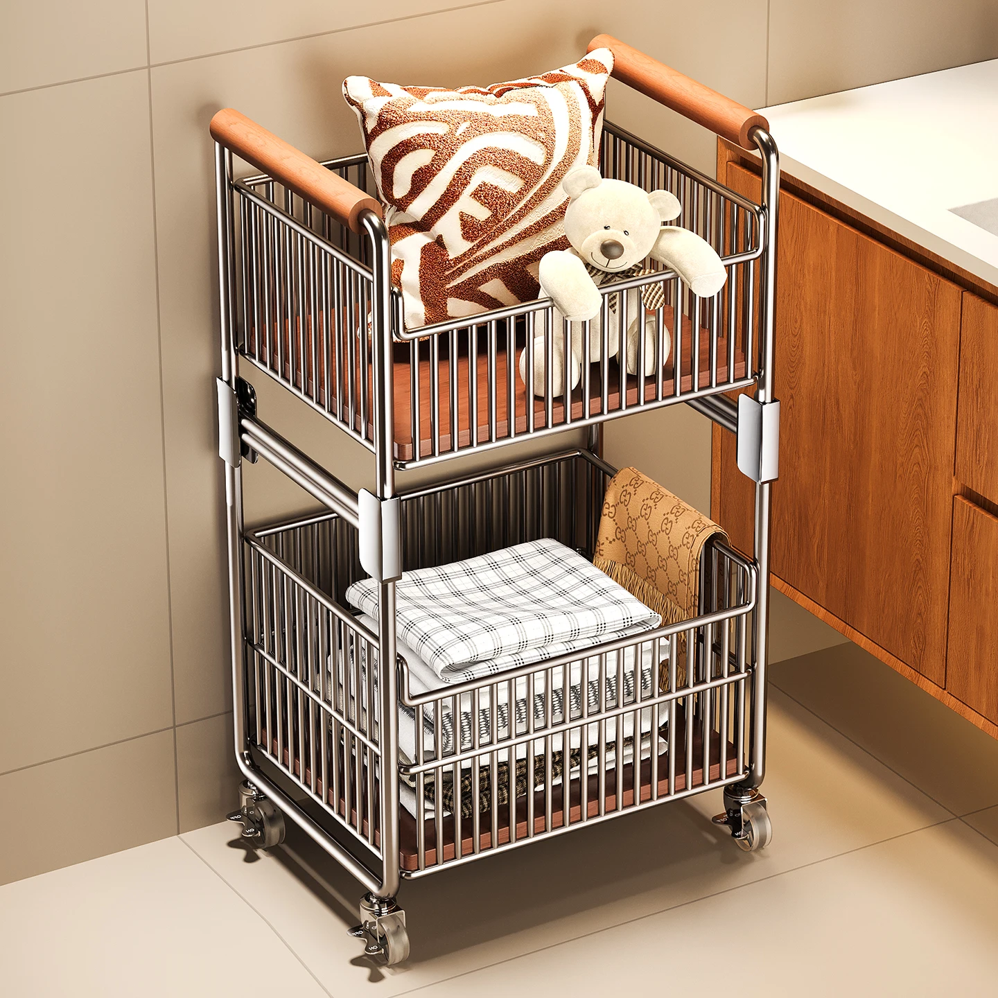 Dirty basket trolley rack toilet floor-to-ceiling double-layer removable home balcony bathroom storage dirty clothes basket