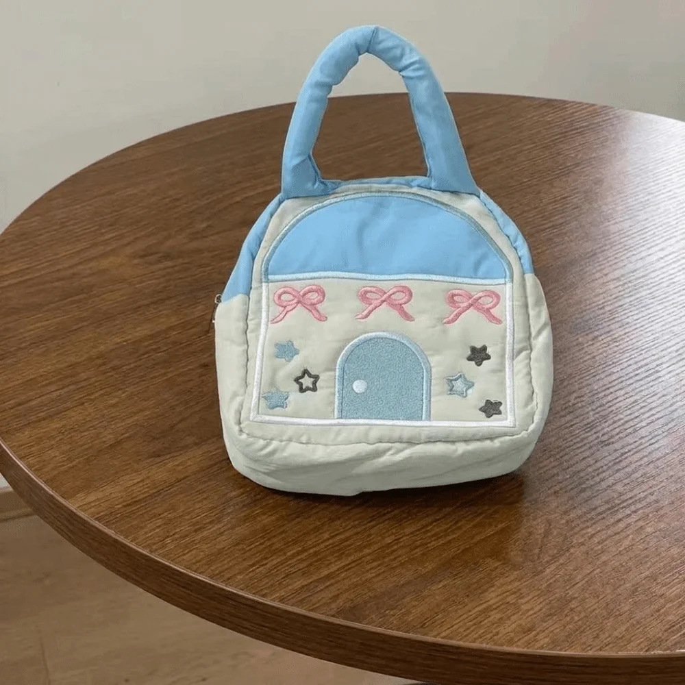 Embroidery Decor Camera Carrying Bag Portable Large Capacity Small House Shaped Handbag Hand-held Cartoon Makeup Organizer Bag