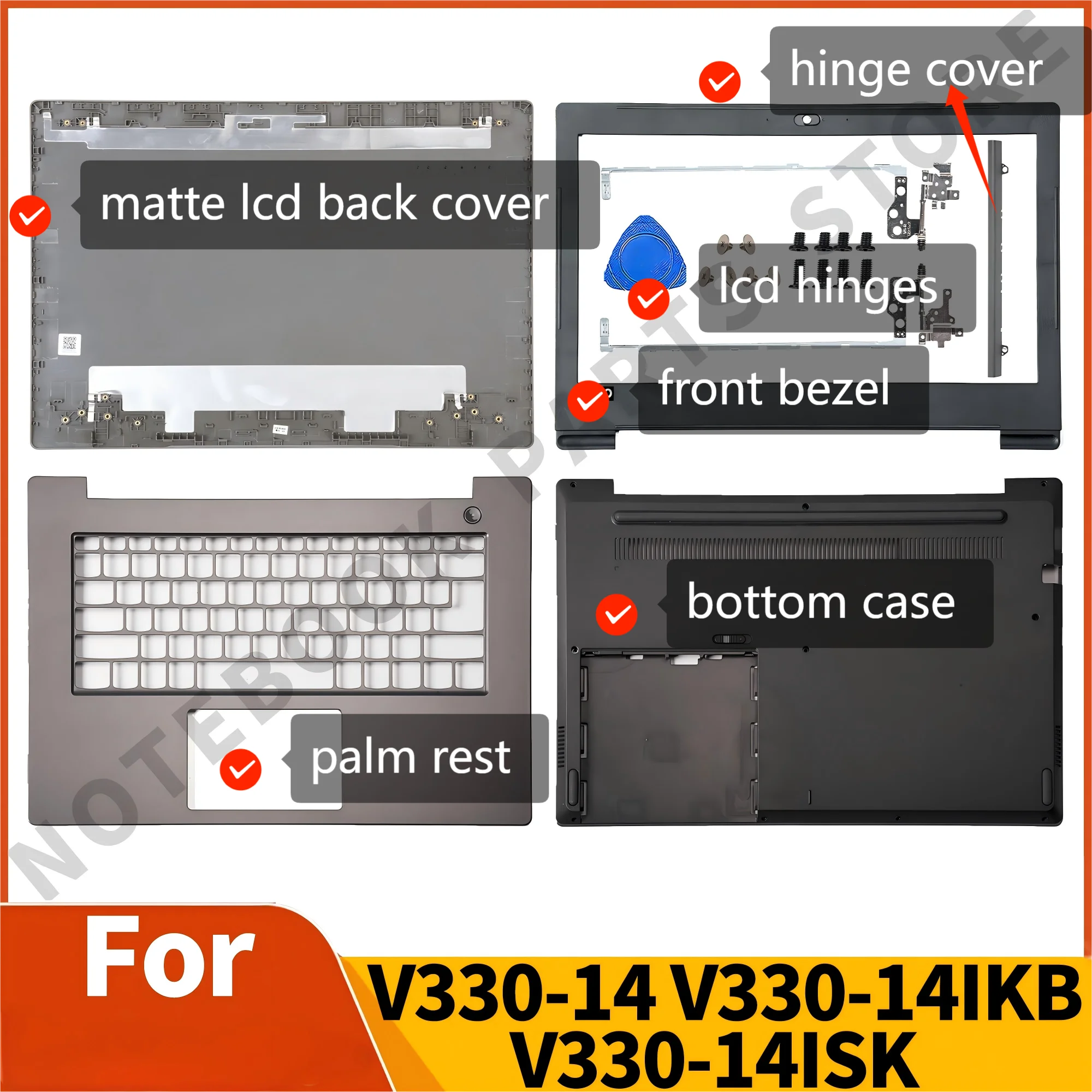 Notebook Parts For V330-14 V330-14IKB V330-14ISK LCD Back Cover Front Bezel Palmrest Base Case Hinges Grey Replace